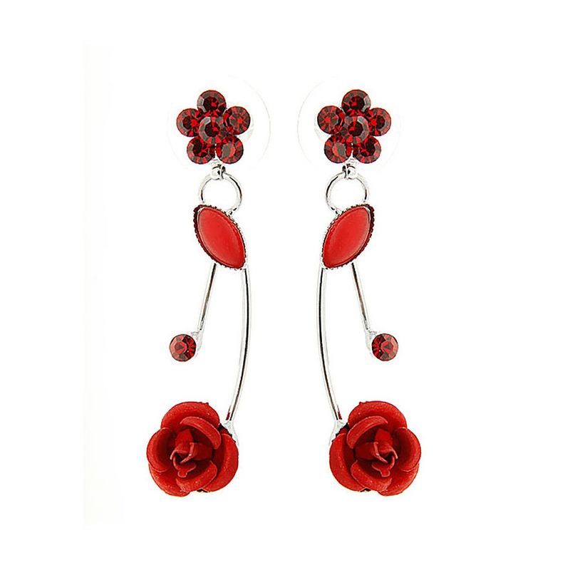 Elegant Red Rose Earrings with Red Austrian Element Crystals and Crystal Glass