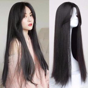 Wig woman long straight hair in the air bangs in the black hair fluffy lifelike whole hair set hair in the bangs