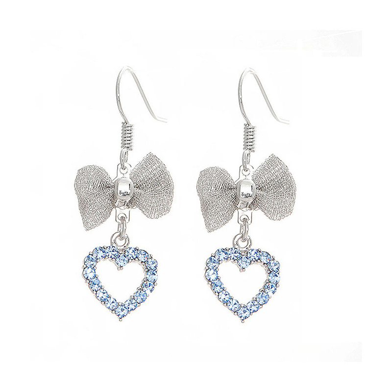 Elegant Ribbon and Heart Earrings with Blue Austrian Element Crystals