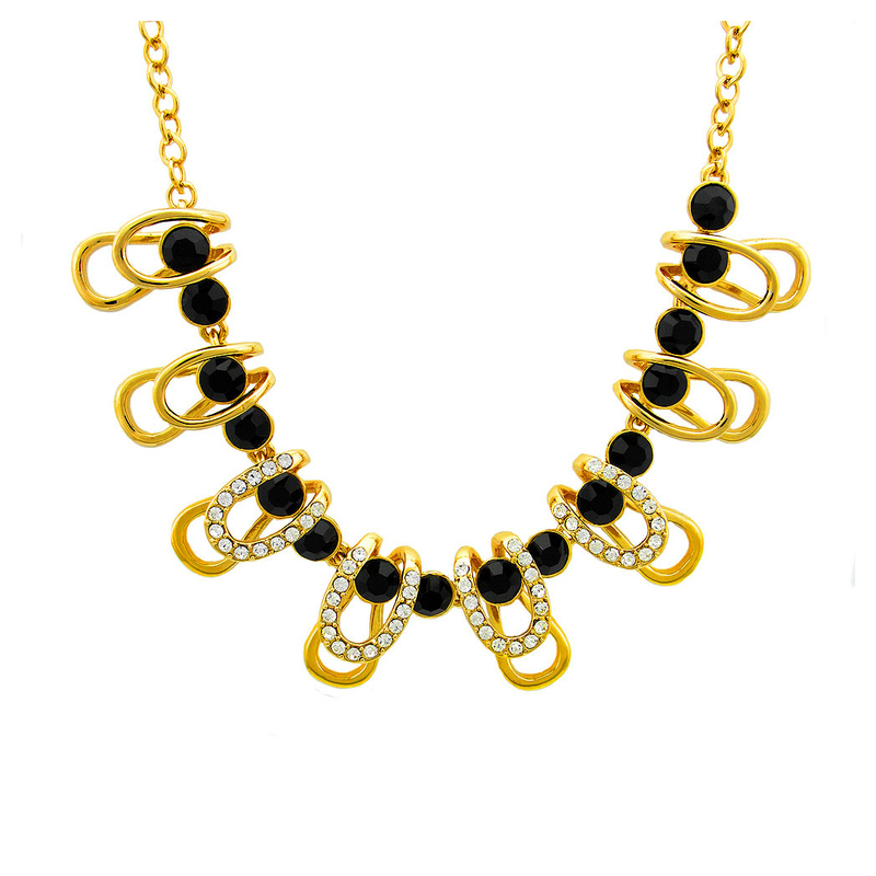 Stylish Golden Necklace with Black and Silver Austrian Element Crystals