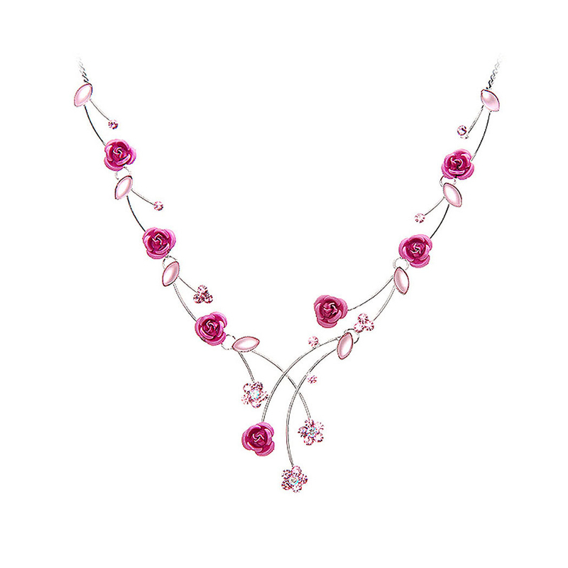 Elegant Rose Necklace with Pink Austrian Element Crystals and Crystal Glass
