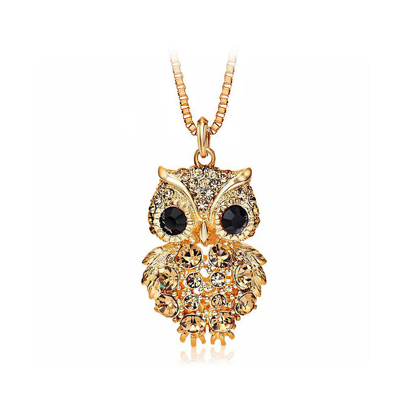 Owl Pendant with Champagne Gold Austrian Element Crystal with Necklace