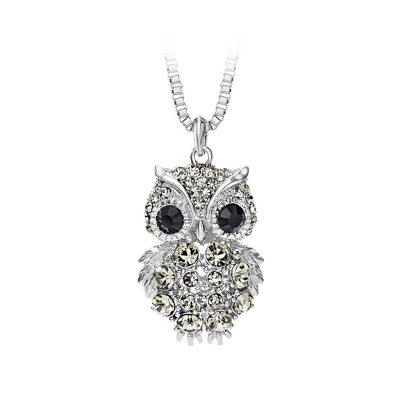 Owl Pendant with Black Austrian Element Crystal with Necklace