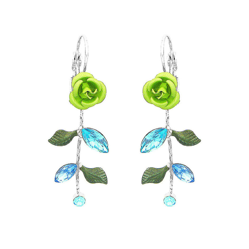 Green Rose Earrings with Blue Austrian Element Crystal and Crystal Glass