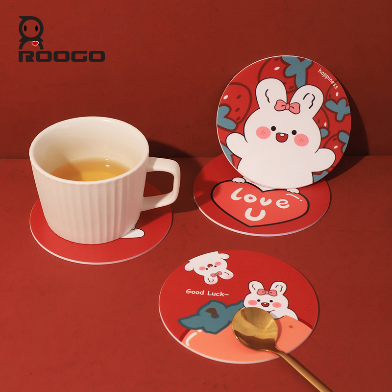 ROOGO Cute Cartoon Rabbit Coasters Soft PVC Cup Pad Round Glasses Coffee Mugs Pads Desktop Decor
