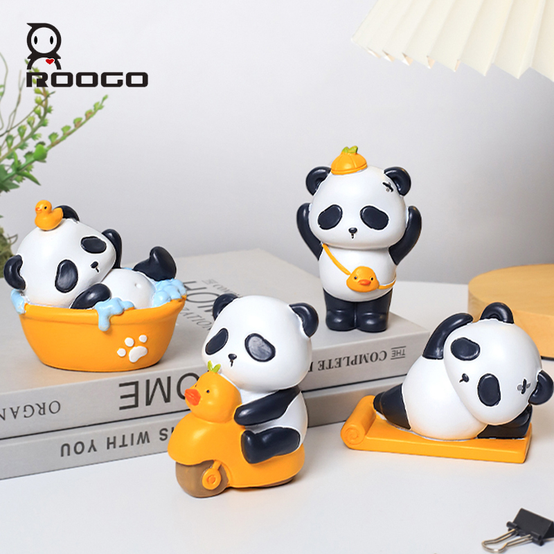 ROOGO Panda Figurine Resin Cartoon Ornament for Home Decoration Accessories Desktop Car Interior Decor Gift for Children