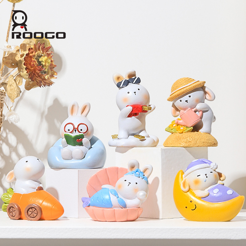 ROOGO Creative Cartoon Rabbit Resin Sculpture Home Decor Desktop Accessories Mini Figurines for Cake Topper Birthday