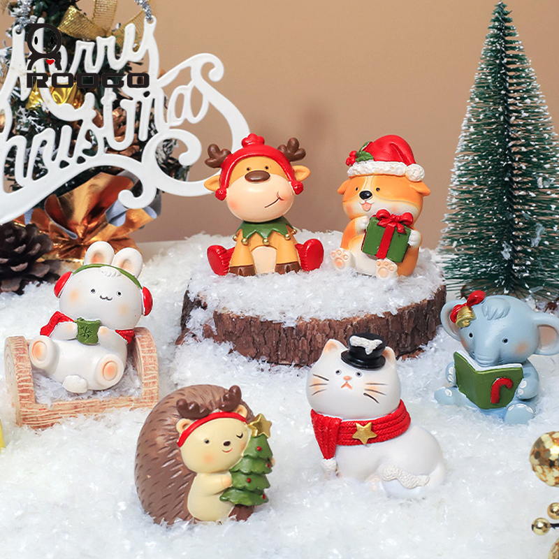 ROOGO Christmas Decoration Figurines Cartoon Corgi Elk Hedgehog Cute Miniature Ornaments for Desk Home Party Decor