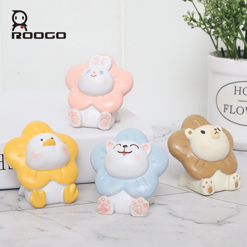 ROOGO Cute Animals with Flower Figurines Resin Cat Rabbit Duck Bear Small Statues Home Office Desktop Decoration
