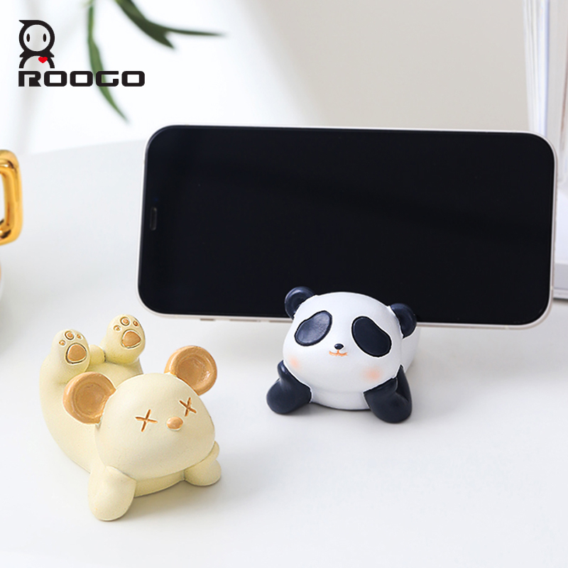 ROOGO Cartoon Animals Mobile Phone Holder Decorative Resin Miniature Figurines Funny Phone Holder For Desk