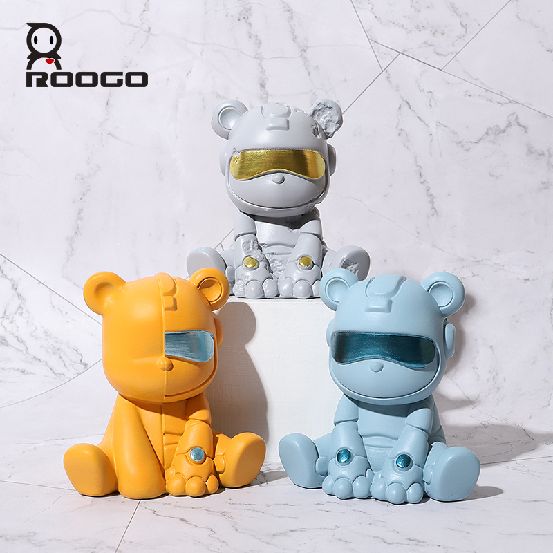 ROOGO Cool Mechanical Bear Sculpture Home Decor Cyberpunk Style Resin Ornament Fashion Desktop Decoration Boys Gifts