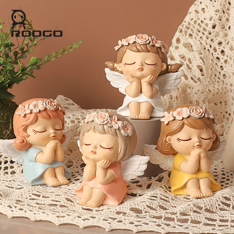 ROOGO Resin Angel Figurine Cute Fairy Miniature Statue Home Decorations Accessories Sculpture for Cake Topper Desktop