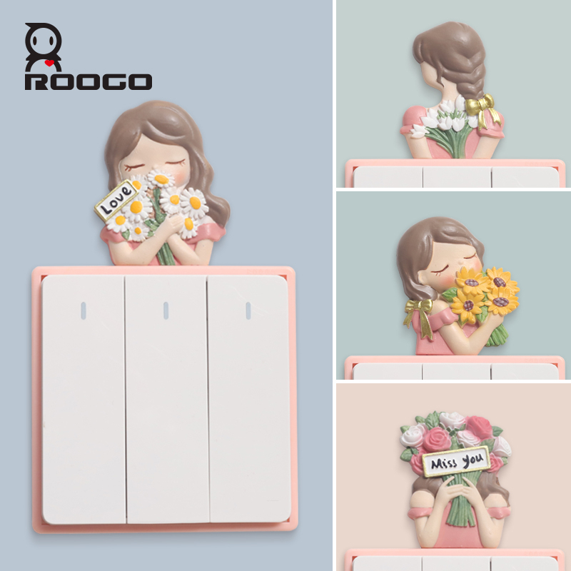 ROOGO Switch Sticker Fairy Girl with Flower 4 Types Romantic Style 3D Wall Decorative Design Lovely Girl Gifts for Lovers