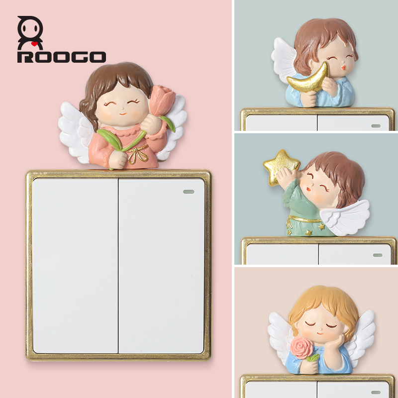 ROOGO Lovely Angel Wall Switch Sticker 3d Cartoon Resin on off Switch Socket Decorations Bedroom Decor for Children
